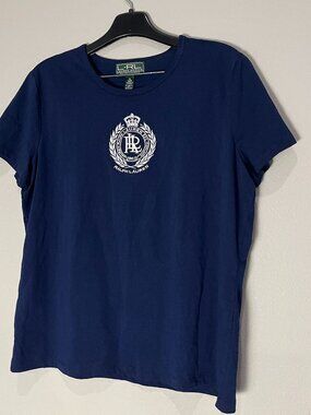 Lauren Ralph Lauren Active Blue Embroidered Crest Logo Tee Shirt Size XL